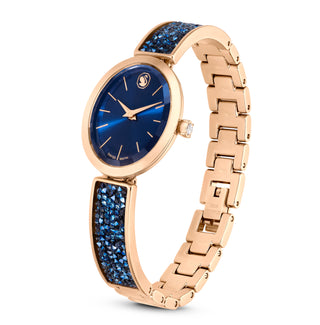 Crystal Rock Oval watch, Swiss Made, Metal bracelet, Blue, Rose gold-tone finish