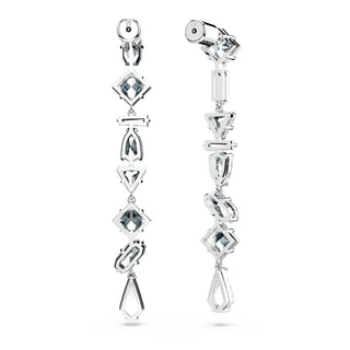 Mesmera drop earrings, Asymmetrical design, Mixed cuts, Long, White, Rhodium plated